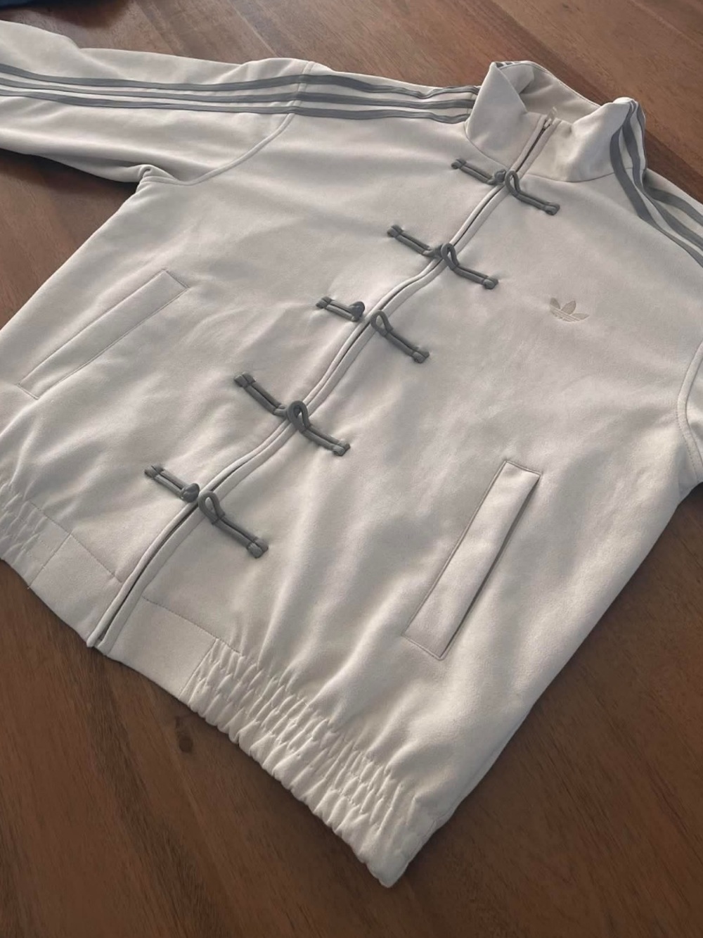 CNY Adidas White Track Bomber Jacket with Gray Stripes
